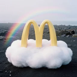 high quality pastel coloured film close up wide angle photograph of a mcdonald's restaurant swimming on cloud furniture in a icelandic black rock environment in a partially haze filled dreamstate world. three point light, rainbow. photographic production. art directed. pastel colours. volumetric clouds. pastel gradient overlay. waves glitch artefacts. extreme facial clarity. 8 k. filmic.