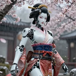 An epic fantastic realism comic book style portrait painting of a Japanese robotic geisha, cherry blossom rain everywhere, Apex Legends Concept Art, porcelain, unreal 5, DAZ, hyperrealistic, octane render, cosplay, RPG portrait, dynamic lighting