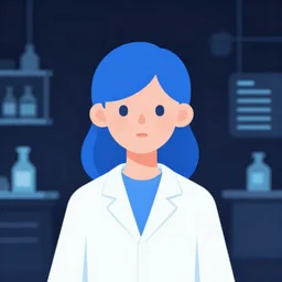 in the style of cel shaded minimalistic vector art : : clean digital corporate art : : pale hologram serious science girl researcher blue hair : : dark futuristic lab background interior