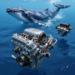 photograph of a v 8 engine and a body of cachalot whale, a cachalot and a diesel v 8 engine in the ocean, long shot, by modern artist, in the style of cyberpunk, fantastic