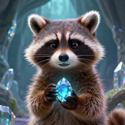 closeup portrait of furry sly cooper raccoon holding a magical gem in a crystl cave, disney, pixar,