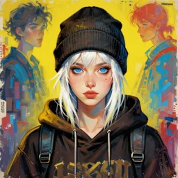 highly detailed portrait of a sewerpunk student lady, blue eyes, hoody, beanie hat, white hair, style of ashley wood, yoji shinkawa, jamie hewlett, 6 0's french movie poster, french impressionism, vivid colors, palette knife and brush strokes, gradient yellow, black, brown and cyan color scheme, grunge aesthetic!!! ( ( graffiti tag wall background ) )