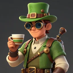 a man with a green hat and goggles holding a cup, a character portrait by michael komarck, featured on cgsociety, fantasy art, behance hd, steampunk, 2 d game art
