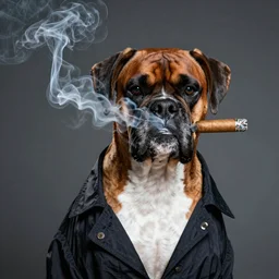 regal boxer dog smoking a cigar wearing a smoking jacket