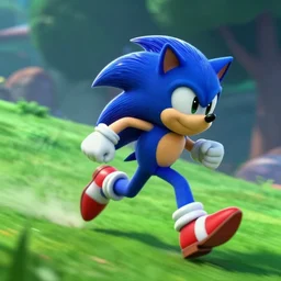ultrarealistic sonic from the sonic movie is running on a green hill, motion blur, cinematic, 9k high quality