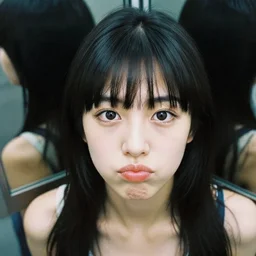 beautiful overhead perspective portrait photo in style of 1990s frontiers in anthropomorphic retrofuturism tokyo seinen manga street photography fashion edition, highly detailed, focus on pursed lips, eye contact, mirror background, soft lighting