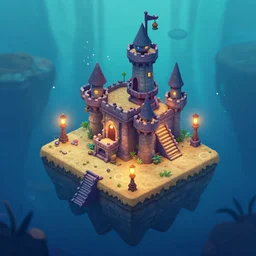 underwater castle isometric 2. 5 d game level, myvmk, with detailed sand, cartoon, lanterns, pixar, disney, toon shader, arnold maya render, artgerm, artstation by miha rinne