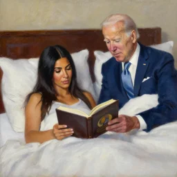 portrait of kim kardashian reading a bedtime story to joe biden in bed, an oil painting by ross tran and thomas kincade