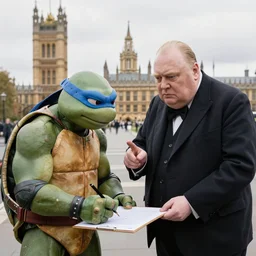 Photoreal depiction of Leonardo from TMNT signing a peace treaty with Winston Churchill, in Parliament