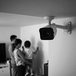 An MIB caught on camera spying on a family, home CCTV footage, detailed, ominous, black and white