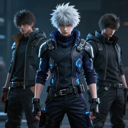 killua zoldyck, edgy streetwear, techwear, cyberpunk style outfit, scifi, blue side lighting, detailed portrait, intricate complexity, by greg rutkowski, ross tran, conrad roset, takato yomamoto, ilya kuvshinov. 4 k, beautiful, aesthetic octane render, cinematic dramatic atmosphere