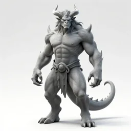 full body, grayscale, 3/4 view, muscled humanoid balrog demon, horns, hoofs, claws, large horned tail, heroic pose, arms to side claws, covered by flames, fire, stylized, tarot, Gustave Dore, white on black