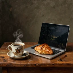 painting of a rembrandt still life with coffee, a croissant and a laptop