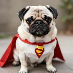 a white pug as a superhero