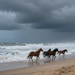 storm at the beach, horses walking in the surf, dark clouds, wind, by anton mauve