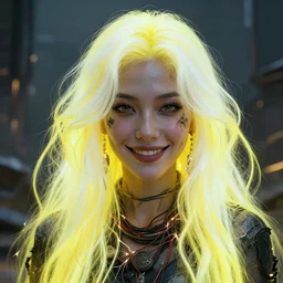 highly detailed closeup portrait of wasteland long glowing yellow and white plasma hair cute happy tribal lady, stray electric spark wiring by jean jullien, 4 k resolution, gradient yellow, black and white color scheme!!! ( ( dystopian city background ) )