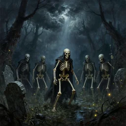 fantasy oil painting, skeleton warriors, crypt in a swamp, gravestones, night, dnd, spooky, stormclouds, fireflies, highly detailed, by jeff easley and larry elmore and tim hildebrandt, 4 k, 5 0 mm, unreal engine
