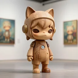 3 d octane render ultra 8 k photorealistic hyper detailed unreal engine a vhs futurepunk concept art, trending on cgsociety artwork masterpiece in a contemporary art gallery lossless quality wooden sculpture statue on feet art toys a very cute mystical robot of the bohemian with cats ears by aoshima chiho