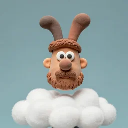 wallace and gromit style claymation still about a bearded man with his head above white fluffy clouds.