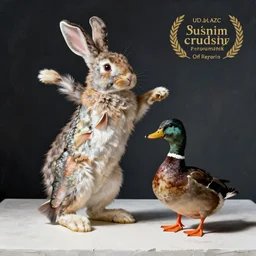 still life painting of a fish rabbit dancing with an angry duck on a white table, high contrast lighting, impressionism, real fur, real feather