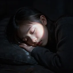 hyperrealistic render with very extreme intricate details, complete darkness with a single ray of moonlight lighting up a sleeping girl's face by wlop