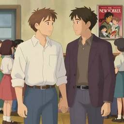 portrait of Mads Mikkelsen and Hugh Dancy holding hands romantically as they chaperone school dance, from scene from Twin Peaks by Michael Whelan, Bob Larkin and Tomer Hanuka, simple illustration, domestic, nostalgic, clean, full of details, by Makoto Shinkai and thomas kinkade, Matte painting, trending on artstation and unreal engine, New Yorker magazine cover, 1980s romance book cover, 1990s horror book cover