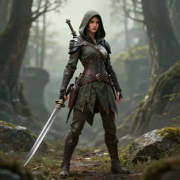 a hooded female ranger, d & d, full body, 8 k, hyperrealistic, dragon slayer, hyperdetailed, fantasy portrait by laura sava