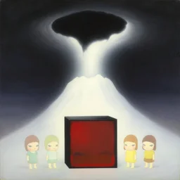 The Hole in the Sky spilling darkness down upon The Mountain painting by Chiho Aoshima, Takashi Murakami, Yoshitomo Nara, Huang Yuxing and Aya Takano , Superflat art movement, chibi, soft pastel colors, very ethereal, soft glow, black box by Max Ernst The Scarlet Black Box, a rare and early work of Marth Rothko, omnious, sad, surrealism, chiaroscuro painting, gradient, Wayne Thiebaud