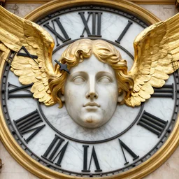 Giant marble and gold angelic clock face with a marble human face in the center and rigid gold wings on its sides, digital art