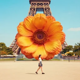 giant flower head, woman walking in paris, surreal photography, symmetry, flat space, fanciful, bright colours, detailed, wes anderson