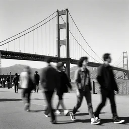 multiple people walking in the city by richard avedon. golden gate bridge. street photography. black and white. ilford delta. long exposure, motion blur.