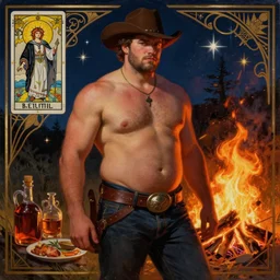 a dramatic, epic, ethereal painting of a handsome thicc shirtless cowboy with a beer belly wearing a large belt | background is a late night campfire with food and jugs of whisky | homoerotic | fire, flames, stars, tarot card, art deco, art nouveau | by Mark Maggiori ((((and Alphonse Mucha)))) | trending on artstation
