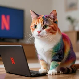 Rainbow cat watching Netflix, ultra realistic, 8K