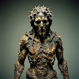 a perfect photograph of an ornately decorated lard sculpture of a haunted man, fractal thorns studded all over his head and dripping with semi molten wax over his swirling, pathetic, torn and ragged body. 3 5 mm film, studio lighting and gallery quality