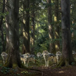 painting of forest with wolves hidden in the trees, hyper realistic, surreal