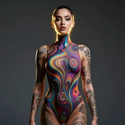 portrait of unseen lovecraftian golden ratio bhad bhabie, tight fit psychedelic leotard, bursting, rim lighting, defined neck and face, tattooed toned body, art by j scott campbell jason gonzales and best artist in the year 3 0 0 0, post - processing, 8 k, museum worth