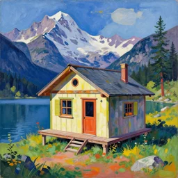 a surreal cabin near a mountain lake, vibrant style by olexandr archipenko, jean metzinger