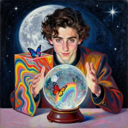 ethereal Timothee Chalamet+stars+moon+semi-realism painting: psychedelic+j.c. leyendecker+colorful+jack in the box+smiling+🦋🥳🌈+crystal ball