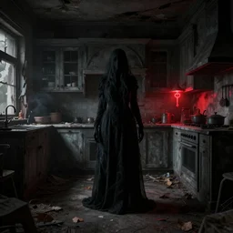 A ghostly woman of swirling blackness, standing in the middle of a ruined, abandoned, polish mansion kitchen, seen from inside. Pitch black darkness, A strong red keylight is the only lightsource. Smoke. Dirt, leaves on ground. Octane render. Substance painter. Zbrush. Trending on artstation. 8K. Highly detailed.