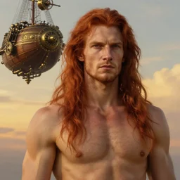 realist portrait painting of a handsome face rugged long long hair soft hair crimson hair male captain minimalist clothing upper body elegant muscular steampunk wood brass ornate mechanical zeppelin airship in upper left corner background sky sunset golden hour fantasy rugged character art atmospheric lighting art by mullins rutkowski bussiere