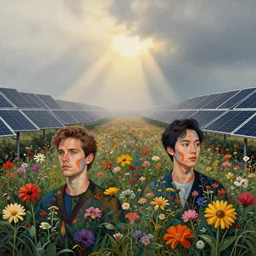 portrait of field solar panels flowers growing between, colorful, modern art deco, mads berg, karolis strautniekas, victo ngai, low fog, fine texture, detailed, muted colors, dramatic lighting, dynamic composition, vivid, matte print, wide angle, ( ( sunbeams ) ), moody