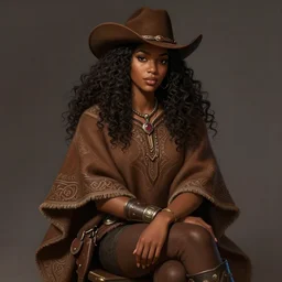 a highly detailed illustration of beautiful long curly haired african girl wearing cowboy hat and brown poncho, dramatic sitting pose, intricate, elegant, highly detailed, centered, digital painting, artstation, concept art, smooth, sharp focus, league of legends concept art, WLOP