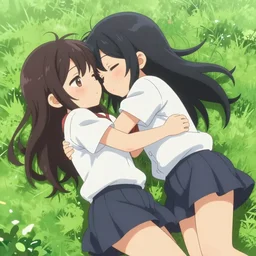 two cute anime character lying in a grass bed huggig, realistic face, detailed face, detailed eyes, short miniskirt, lightly dressed, ultra detailed digital art, hyper real, detailed, ultra detailed, ground up angle, full body shot, wide angle, renaissance painting