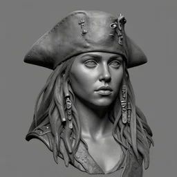 grayscale masterpiece zbrush sculpture of a realistic portrait of emilia clarke as a pirate, likeness, high quality, clay render, ambient occlusion, anatomy, human face