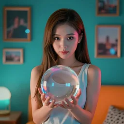 Beautiful portrait of anime girl Asuna holding transparent sphere ball, 85mm photography, teal and orange colored wall with photo frames in bokeh background, night ambience, smooth volumetric lighting, geometric, low light room, photorealistic details, neon glowy edges, 4K, 8K, digital arts