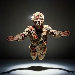 realistic photo of a blurred face of a man, covered in shriveling dead coral reef, emitting aura, floating in the air with his arms stretched out, in a dark room with a spotlight shining on him 1 9 6 0, life magazine photo, natural colors, metropolitan museum, kodak, 8 k, very detailed, high resolution, product photo,