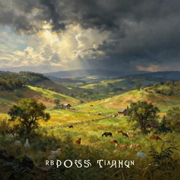 fantasy book cover painting, dramatic shot of a lively landscape in the country, wallpaper by Ross Tran