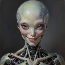 alien neurophysiological robot goddess, intense stare, smirking, symmetrical, concept art, realistic intricate detail, volumetric shadows and lighting, realistic oil painting, sharp detail, octane