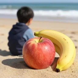 an apple at the beach with his friend the banana