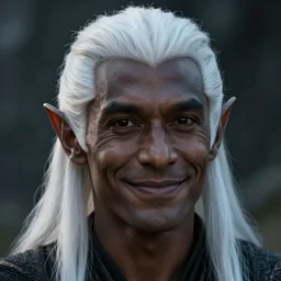 a head portrait of a dark drow elf male, medium length slick white hair, charcoal skin, smooth skin, young adult in with late twenties, happy, pointed chin, charcoal color skin, curious, style by donato giancola, wayne reynolds, jeff easley dramatic light, high detail, cinematic lighting, artstation, dungeons and dragons